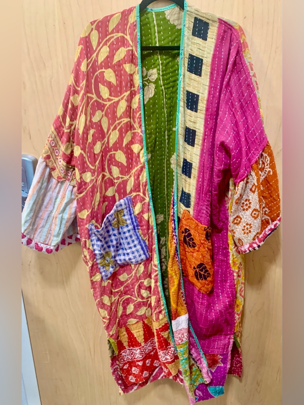 Reversible Vintage Kantha Kimono Duster Patchwork Pockets Boho